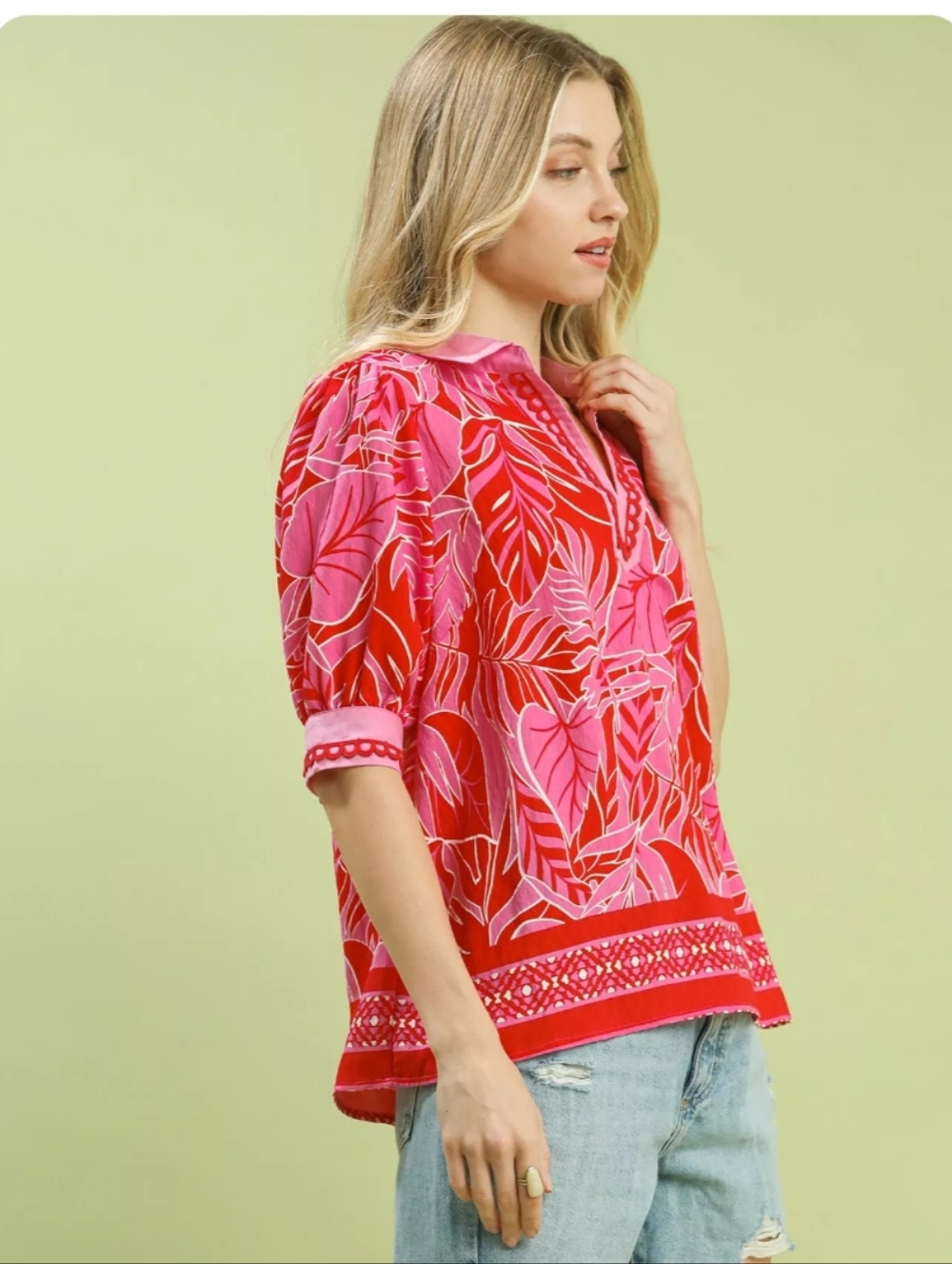 Umgee Pink & Red Printed V-Neck Blouse - Picture 3 of 8